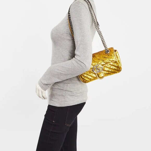 Gucci Gold Sequin Marmont Mini Flap Bag - Picture 2 of 10